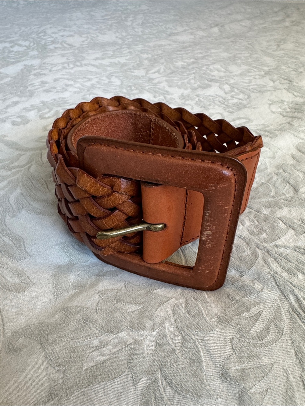 Lake Shore Drive Woven Genuine Leather Women’s Belt in Tan with Square Buckle